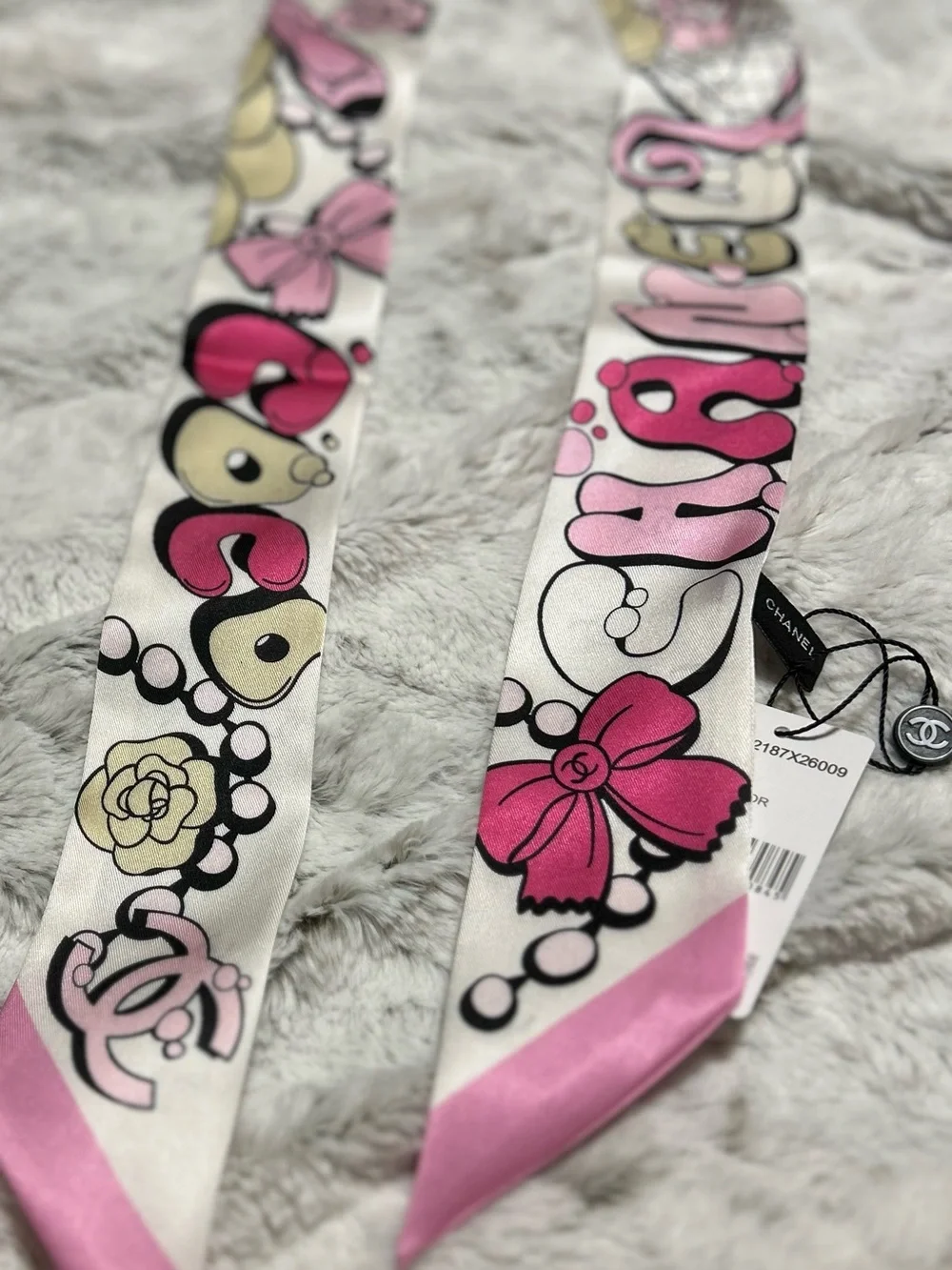 C Pink, White and Cream Twilly Scarf